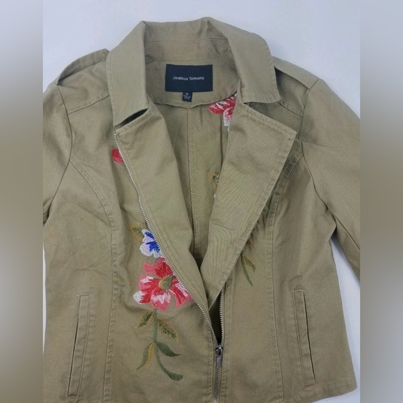Jealous Tomato Olive Utility Jacket with Red & Blue Floral Embroidery - Picture 3 of 11